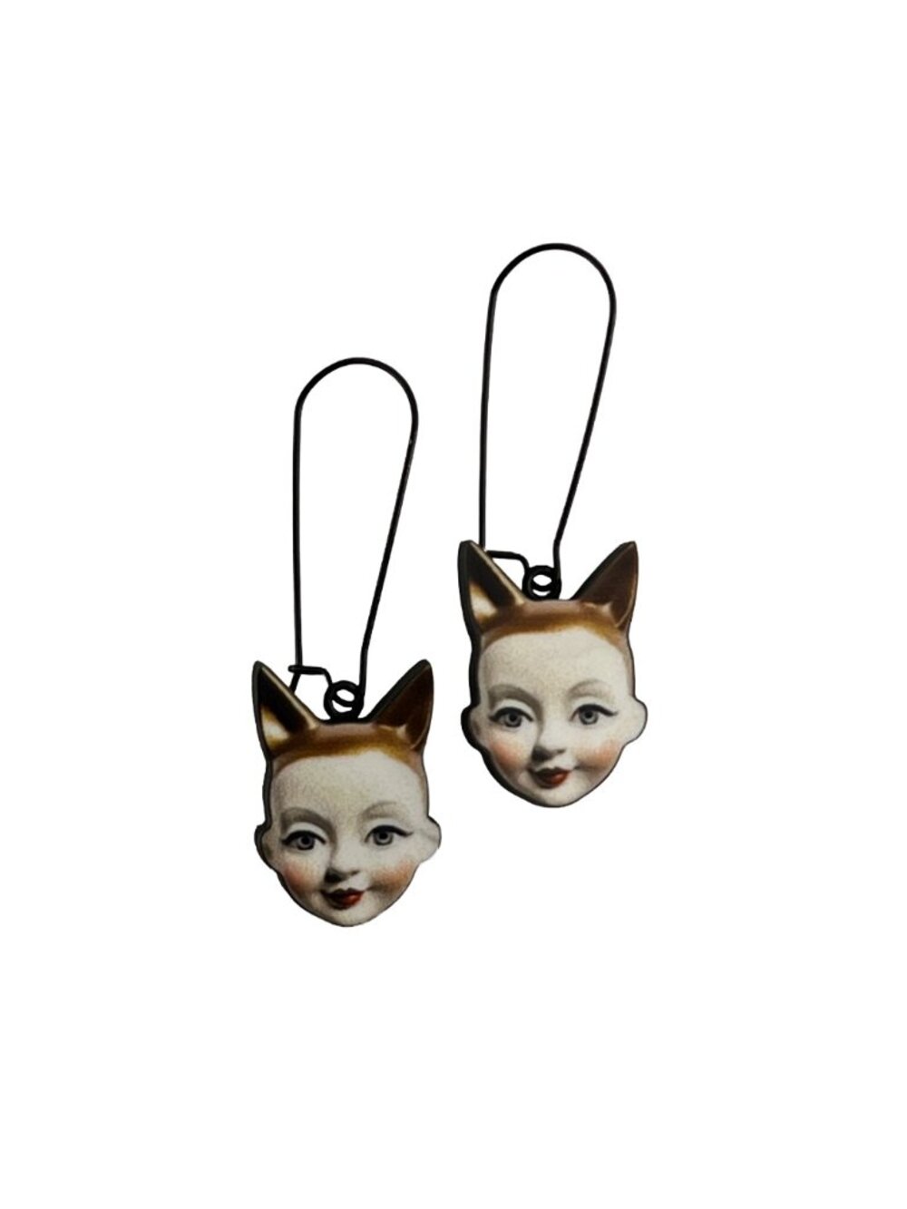 Vintage Style Earrings Doll Face with Golden Cat Ears – Long Black Kidney Wires